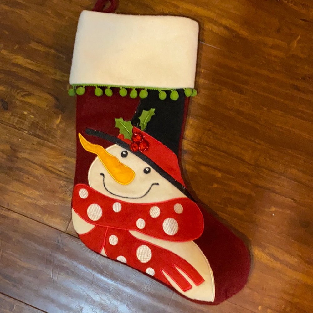 Large snowman Christmas stocking  PomPoms‎ burgundy